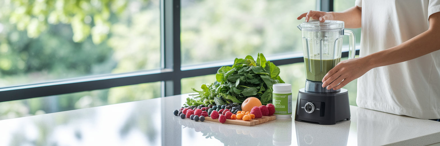 Person making a vegan protein smoothie.