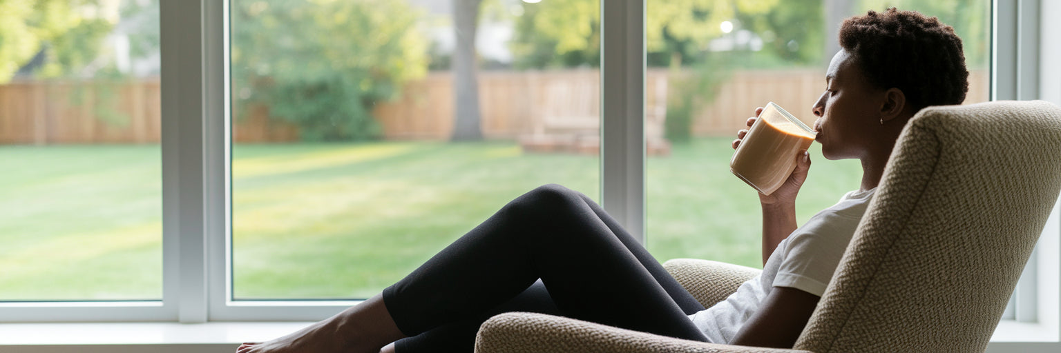 Person calmly drinking a morning smoothie.