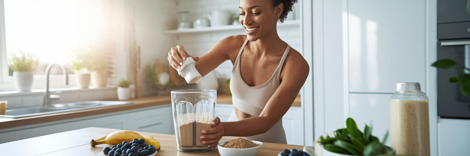 Woman making a healthy vegan smoothie.