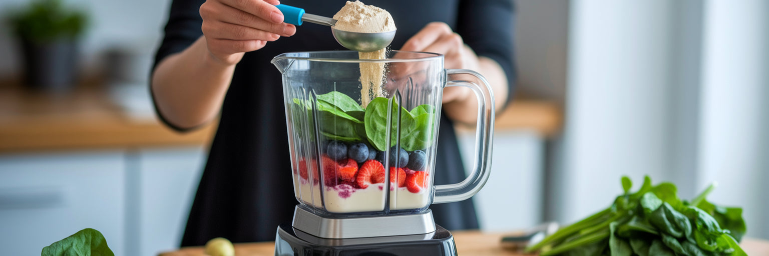 Preparing a healthy vegan protein shake.