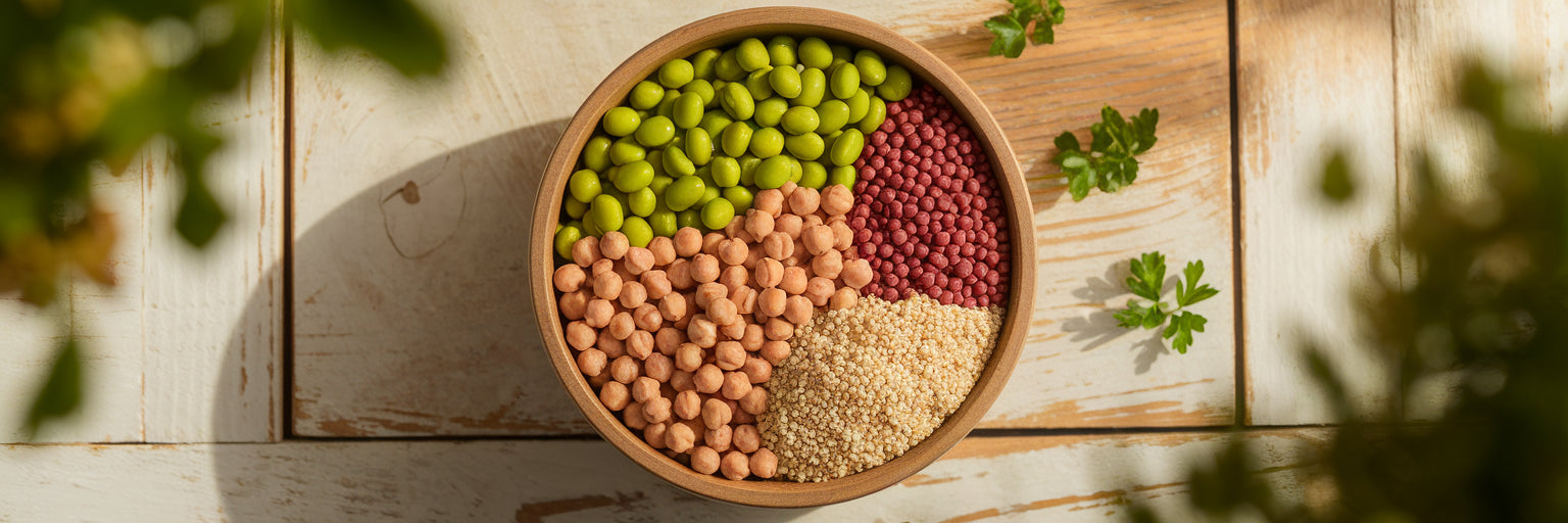 Colorful bowl of plant-based protein sources.