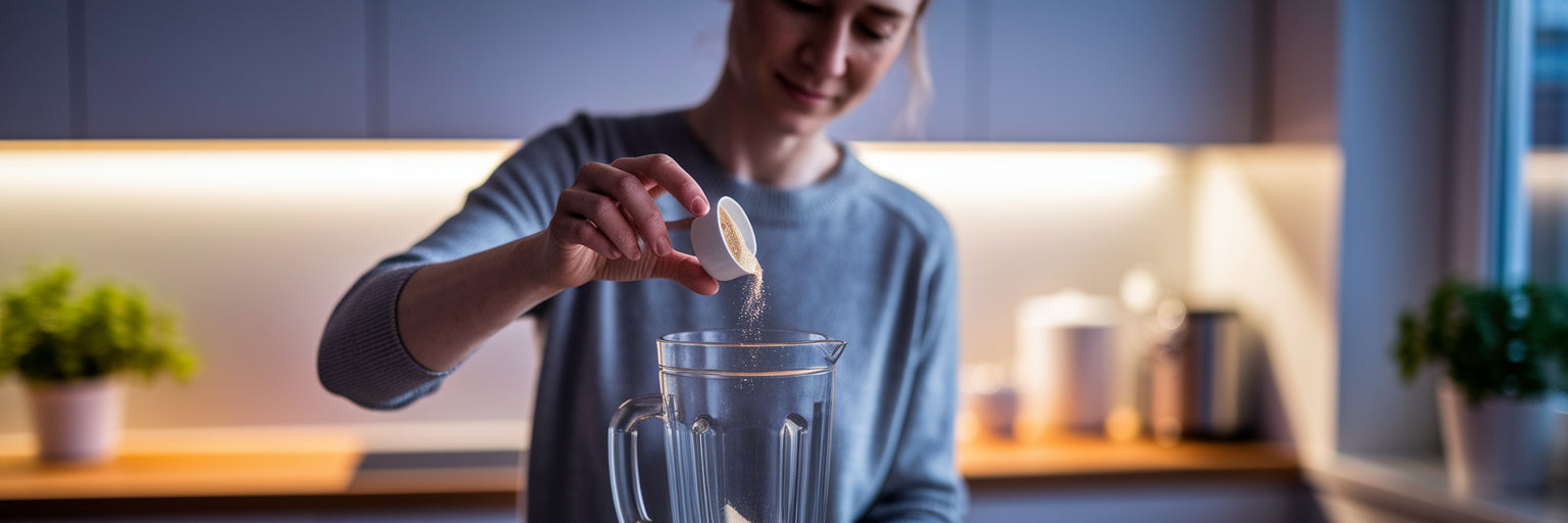 Person preparing a vegan protein shake.