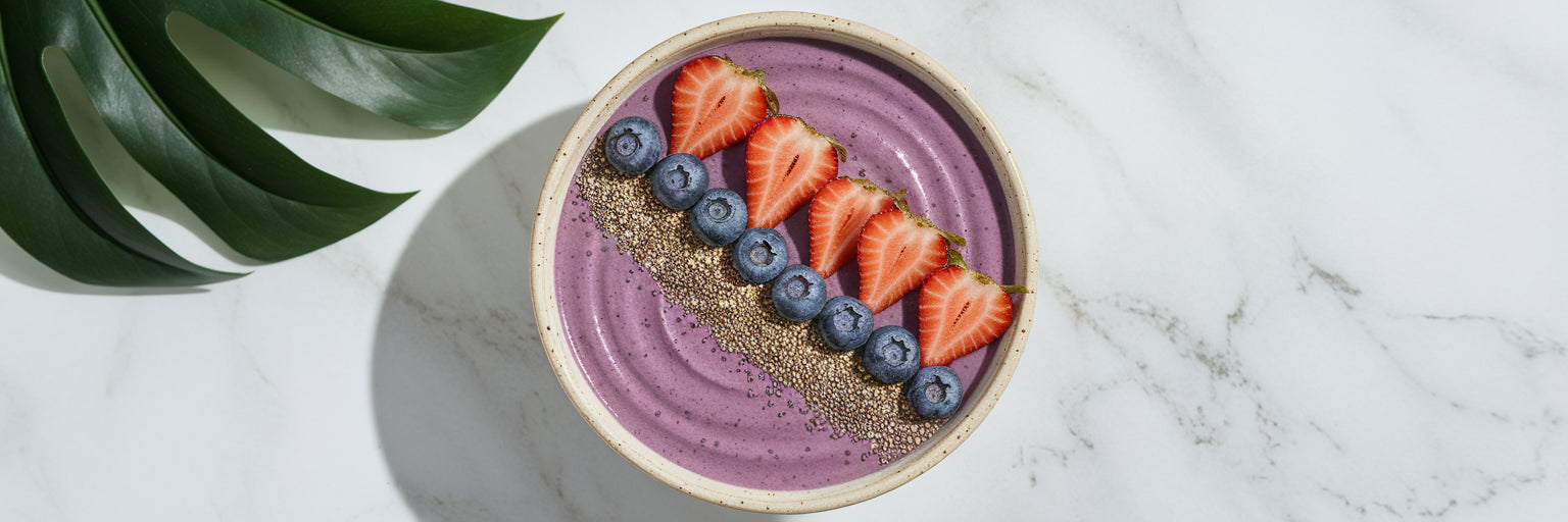 High-protein vegan smoothie bowl with toppings