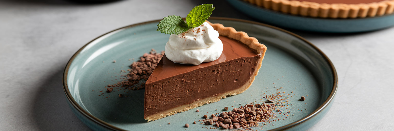 Slice of high-protein vegan chocolate pie.