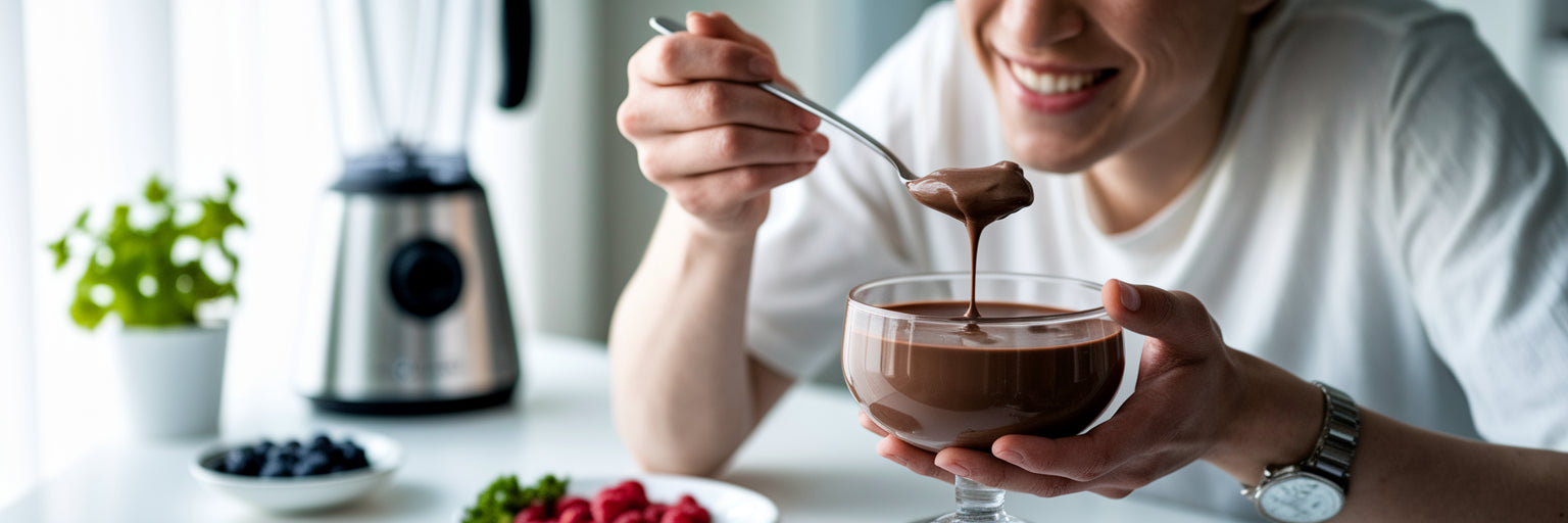 Person enjoying a healthy chocolate protein dessert.