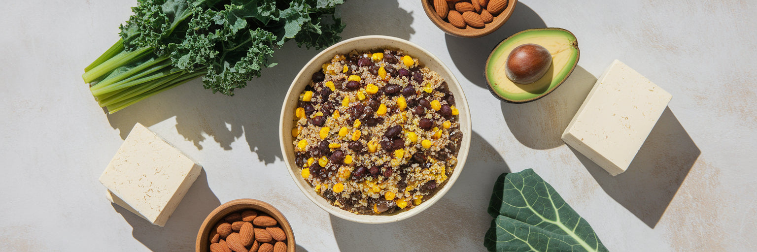 Flat lay of high-protein vegan food ingredients.