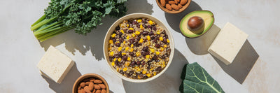Flat lay of high-protein vegan food ingredients.
