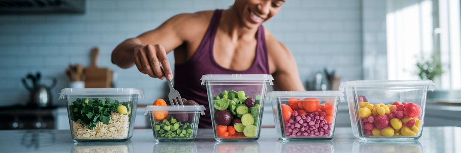 Happy person with vegan meal prep.