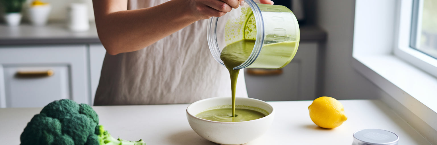 Pouring creamy vegan soup into bowl.