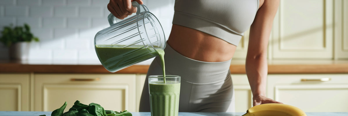 Athlete pouring a vegan protein smoothie