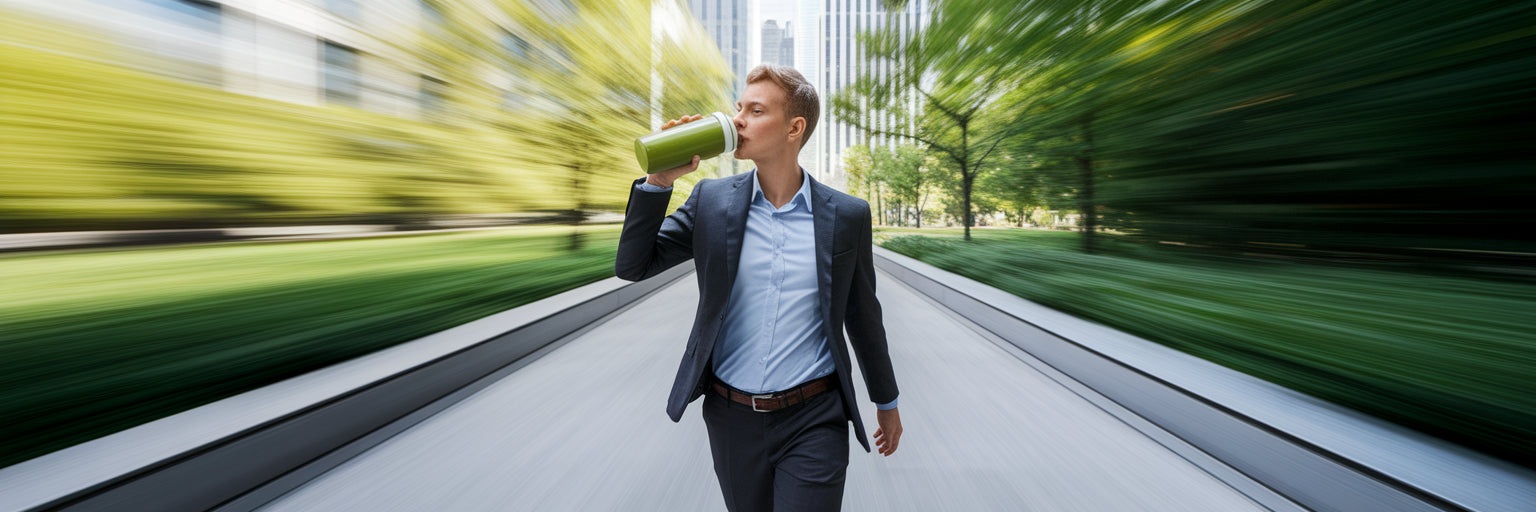 Professional drinking a protein smoothie in a park.