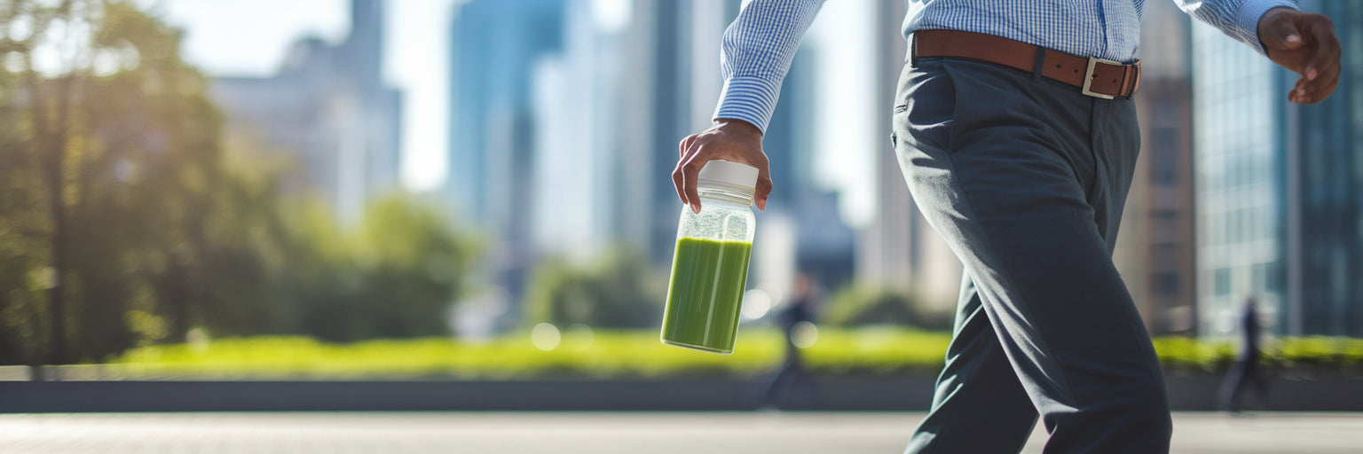 Professional with vegan protein smoothie.