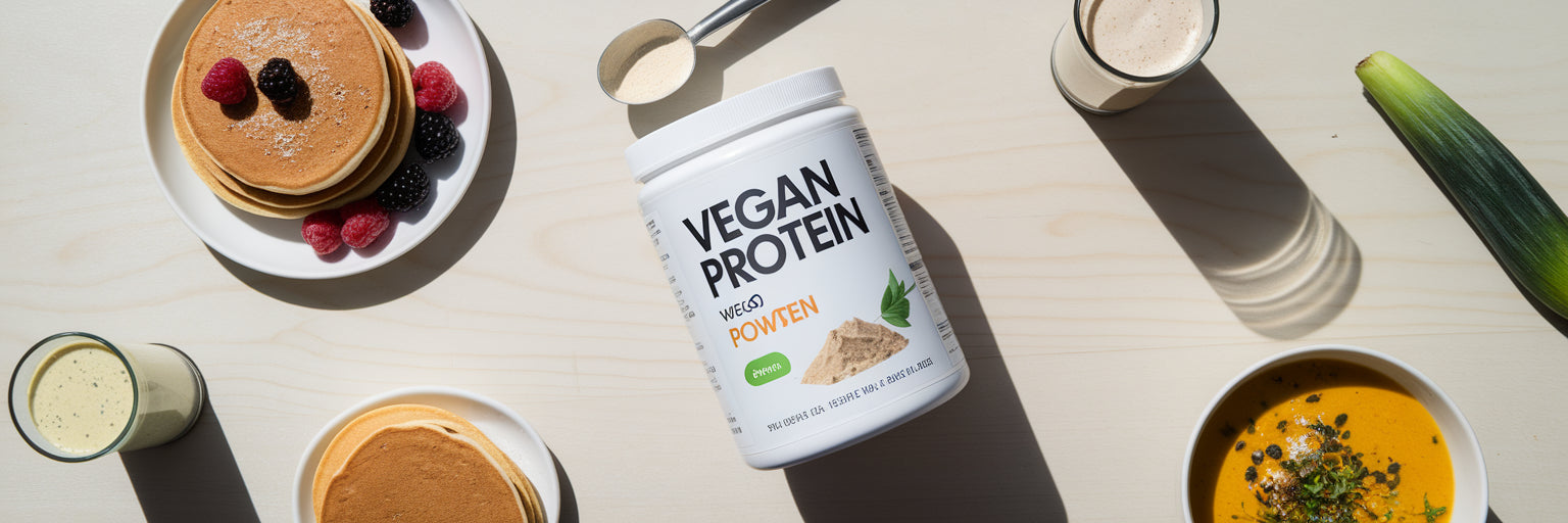 Vegan protein powder with various meals.