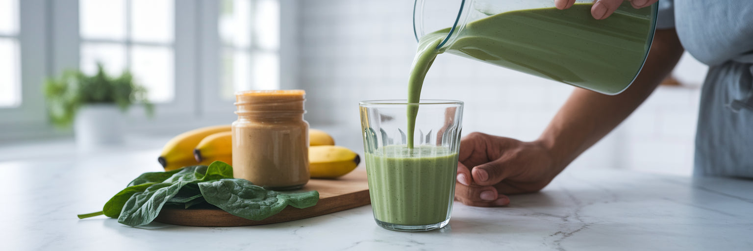 Person making a vegan protein smoothie.