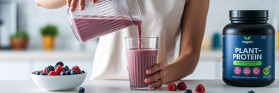 Person pouring a vegan protein shake.