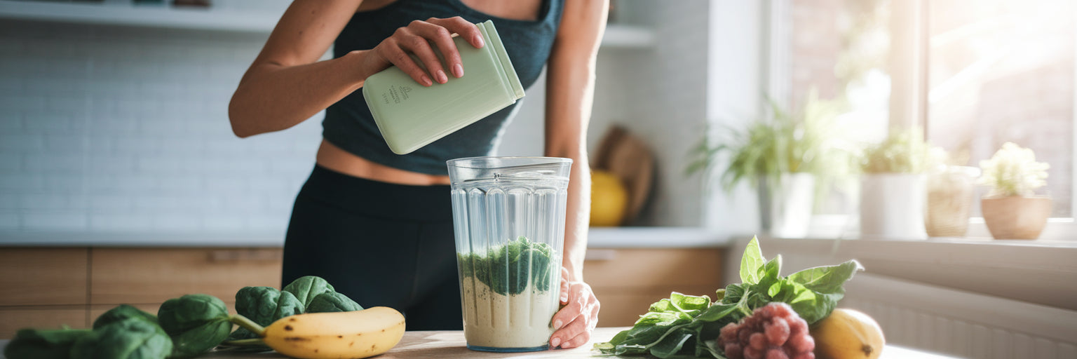 Runner making a vegan protein recovery shake.