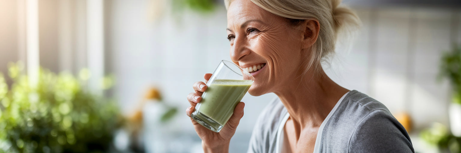 Woman over 40 enjoying a healthy smoothie.