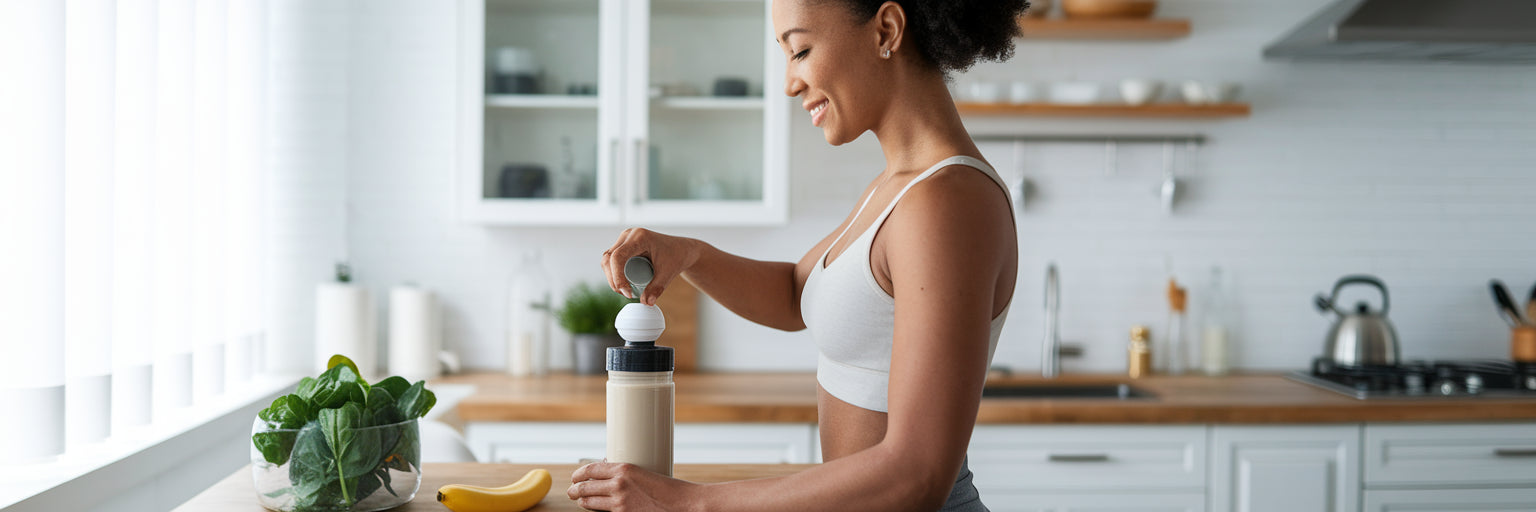 Woman making a vegan protein shake.