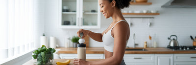 Woman making a vegan protein shake.