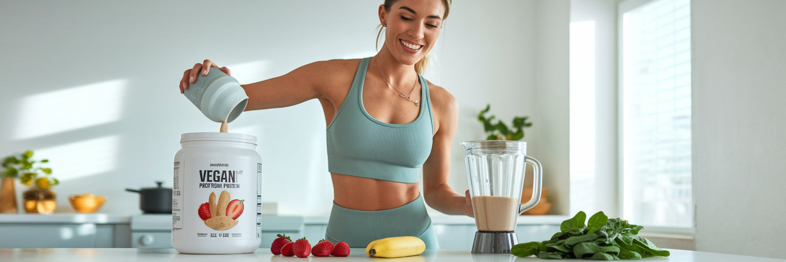 Woman making a vegan protein smoothie.
