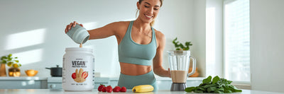 Woman making a vegan protein smoothie.
