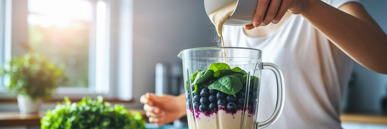 Making a healthy vegan protein smoothie.