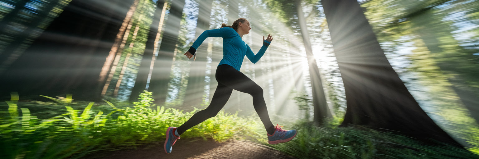 Person trail running in a green forest.