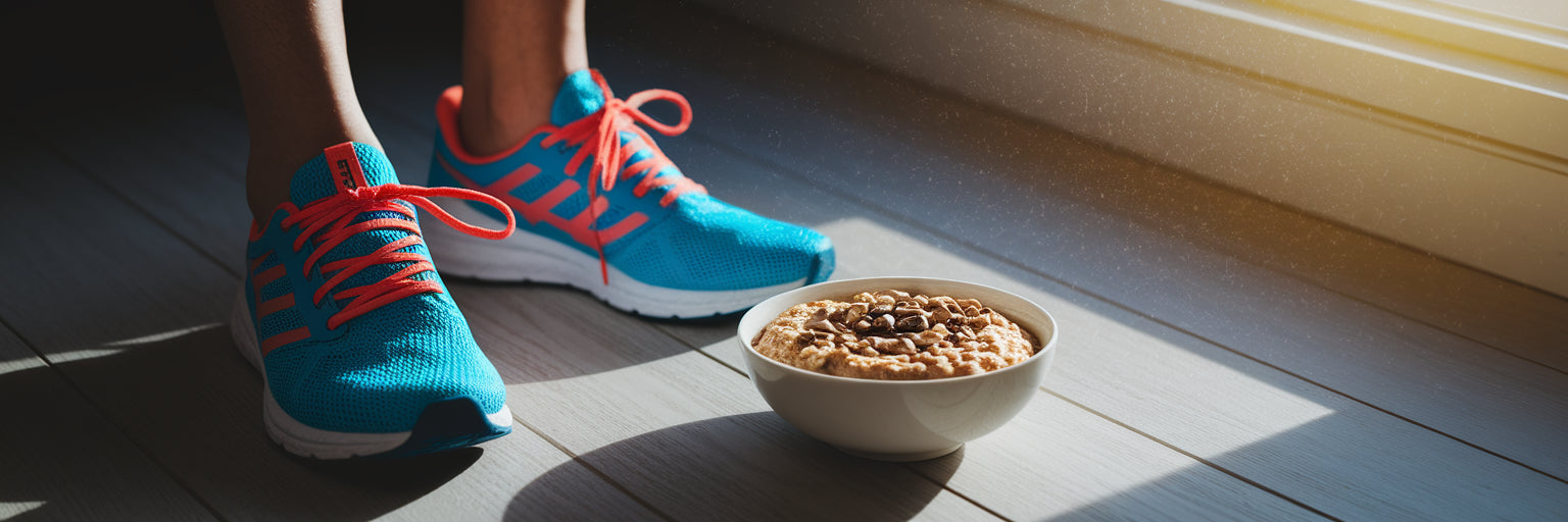 Running shoes next to a protein-rich vegan breakfast.
