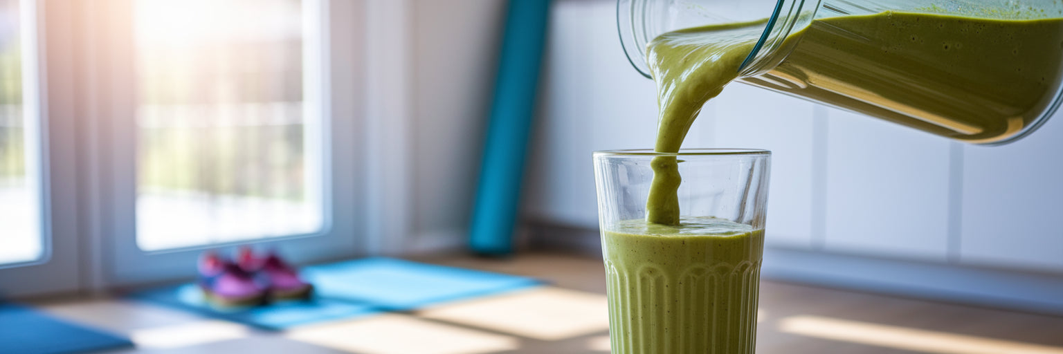Pouring a healthy vegan protein smoothie.