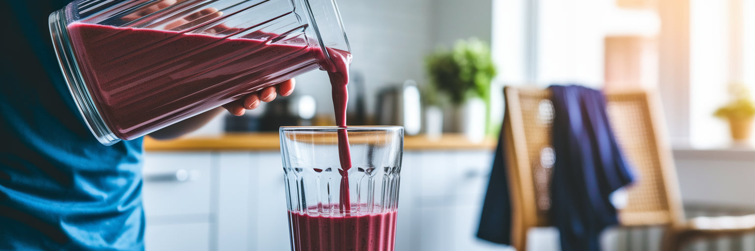 Pouring a post-workout vegan smoothie.
