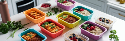 High-protein vegan meal prep containers.