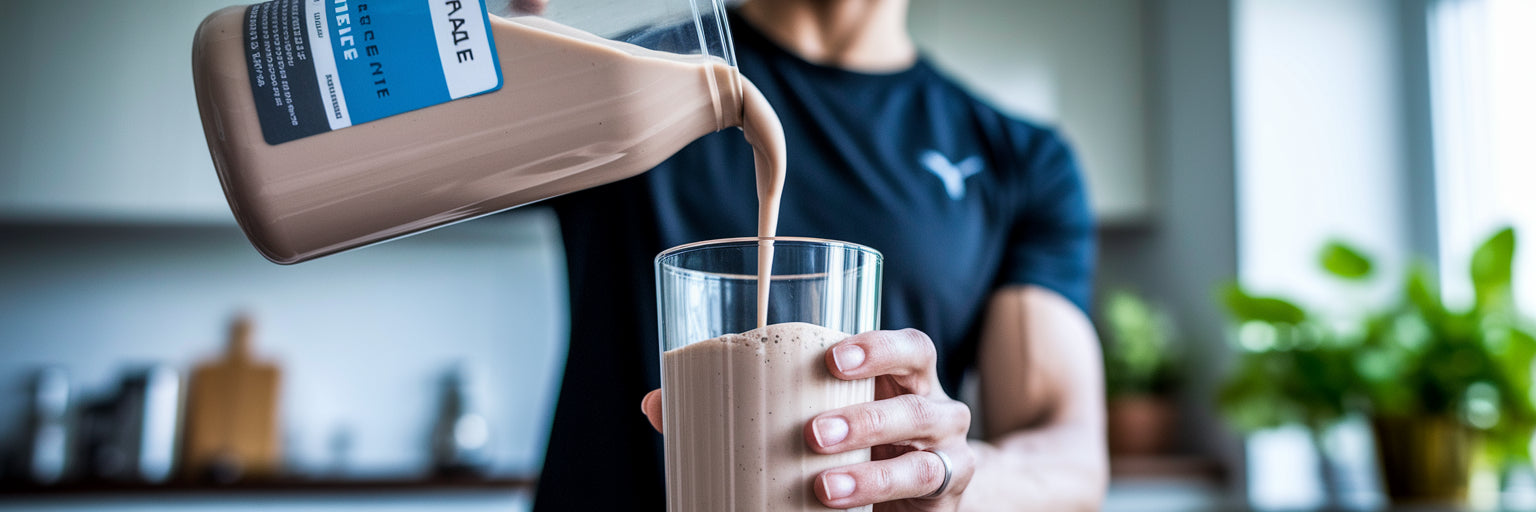 Pouring a vegan protein and creatine shake.
