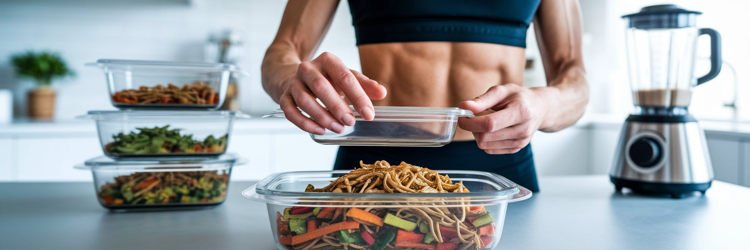 Vegan athlete finishing meal prep