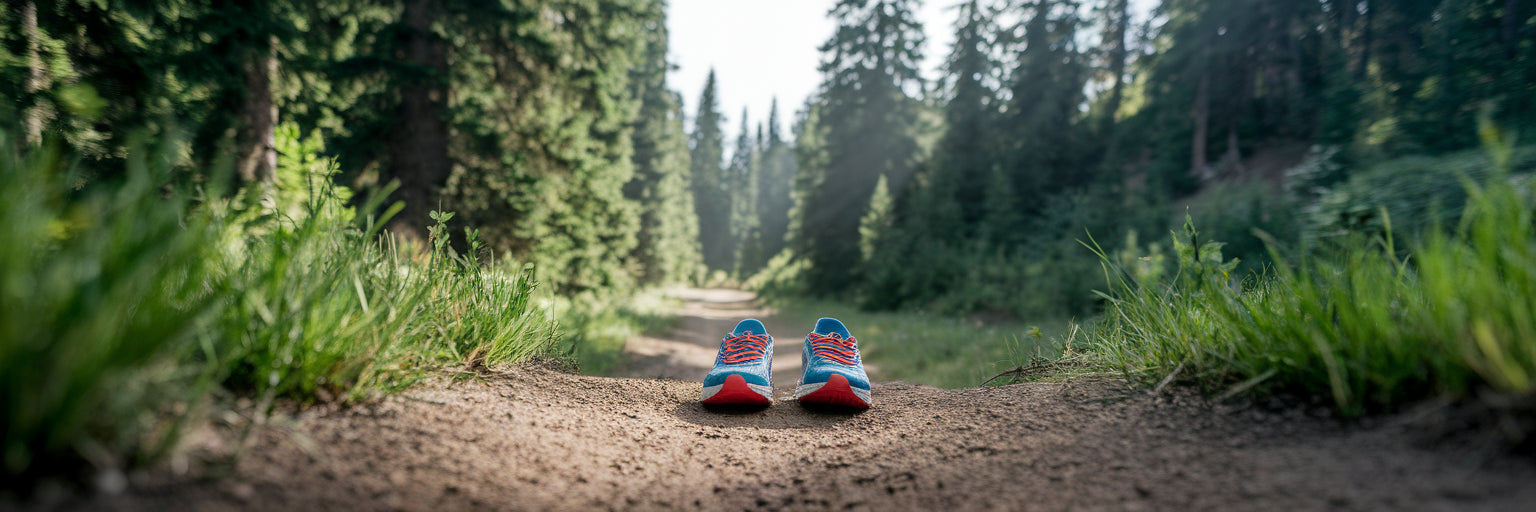 Running shoes on a forest trail.