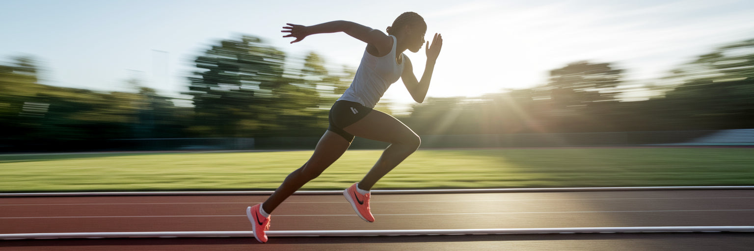 Vegan athlete running on track.
