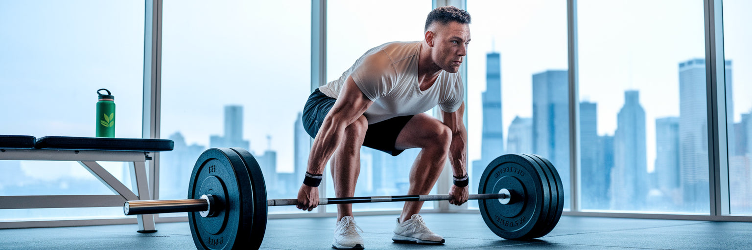 Plant-based athlete deadlifting in gym