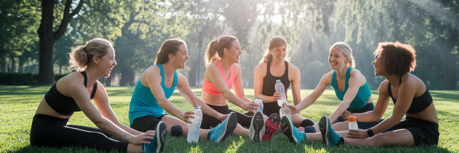 Group of vegan friends energized after workout.
