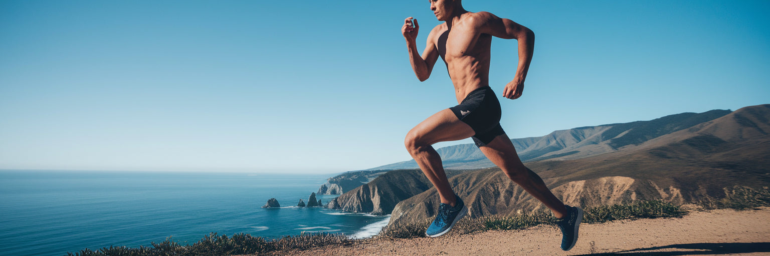 Vegan endurance athlete running powerfully.
