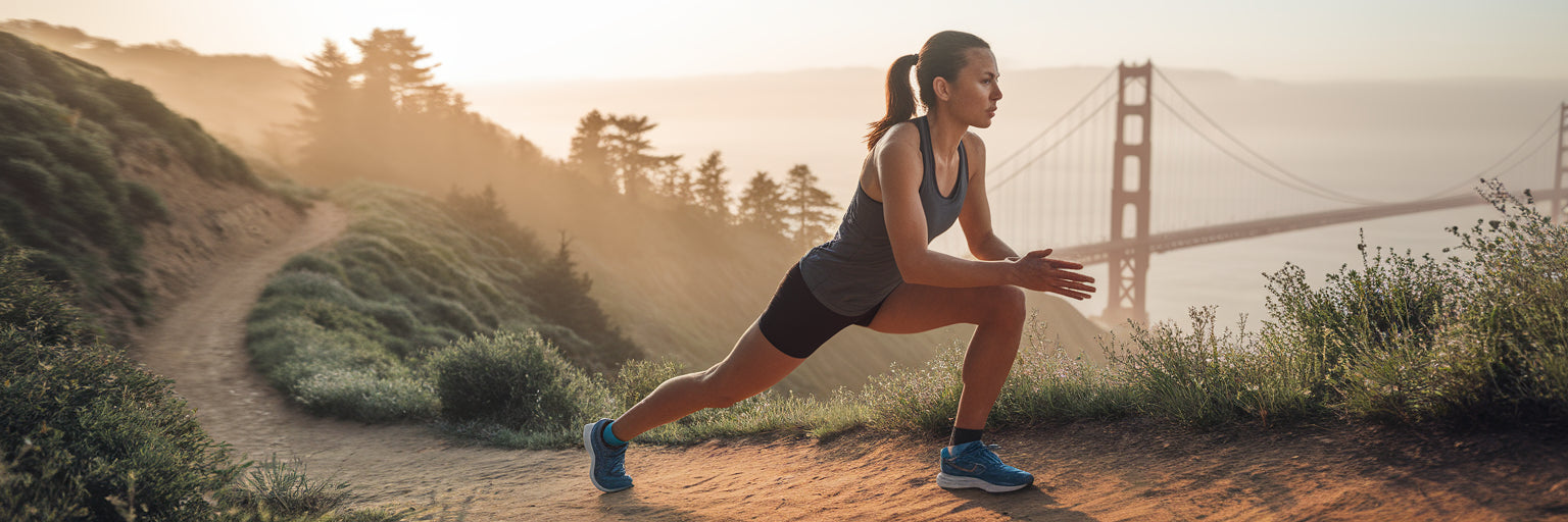 Vegan runner stretching on a trail at sunrise.