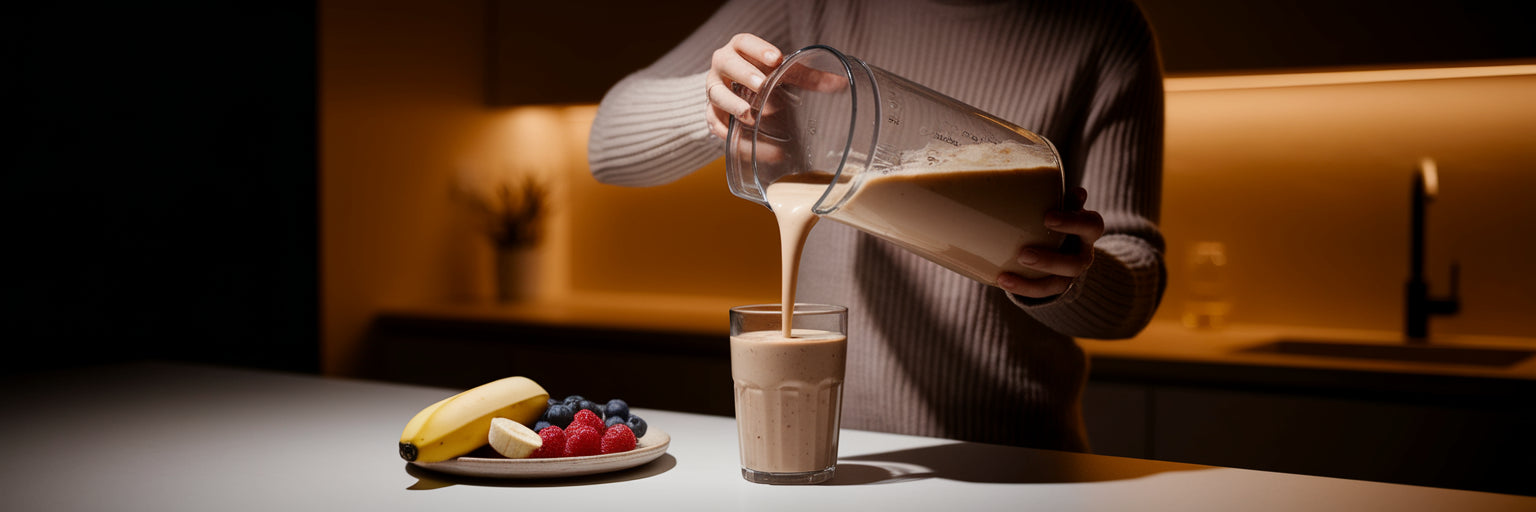 Person preparing a vegan protein smoothie at night.