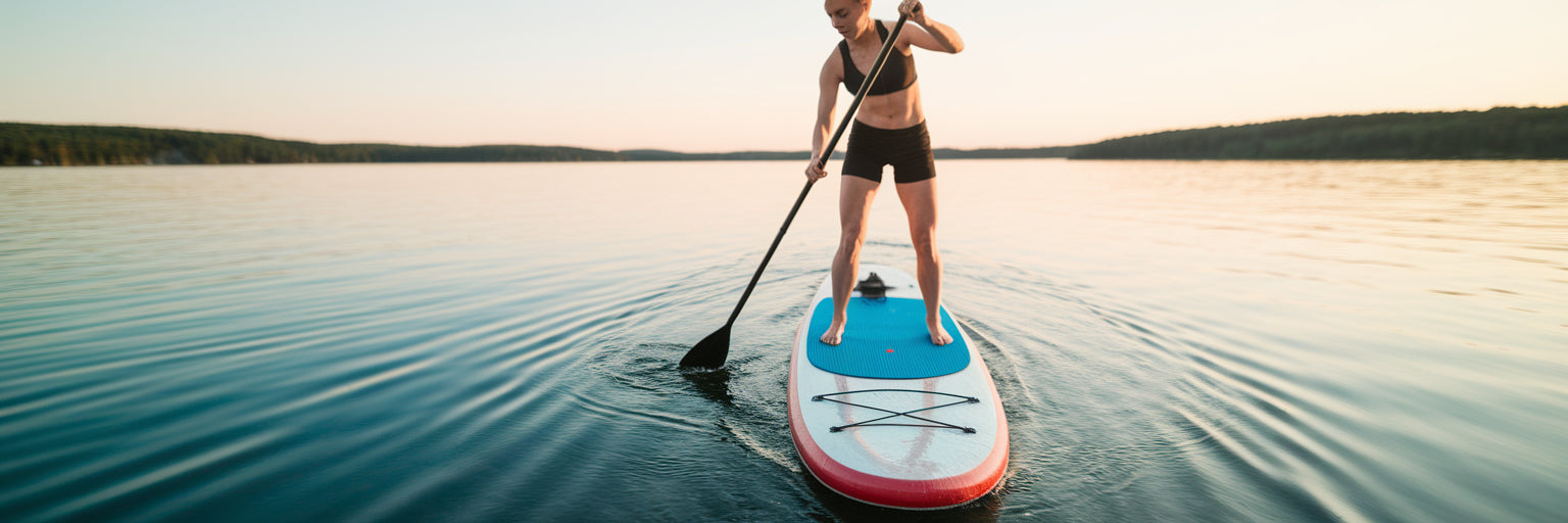 Person paddleboarding on a calm lake.