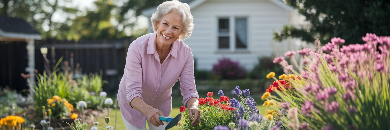 Senior woman gardening in backyard.