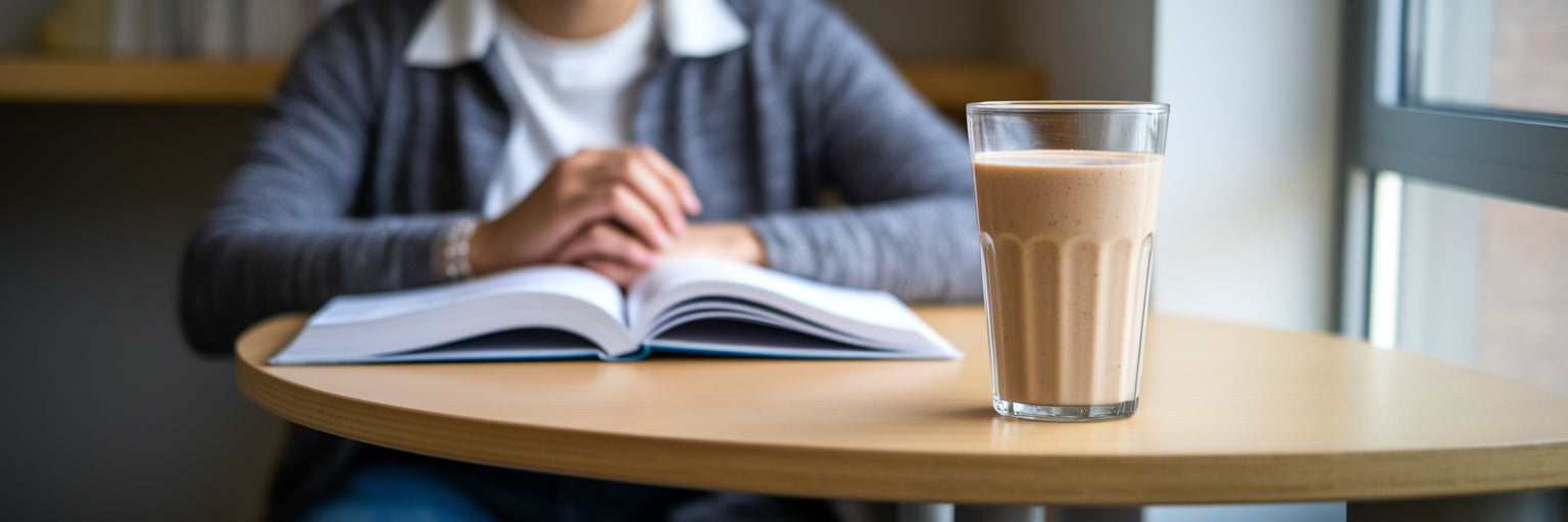 Student studying calmly with protein smoothie.
