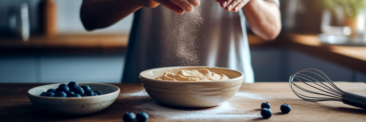 Hands dusting protein powder for baking