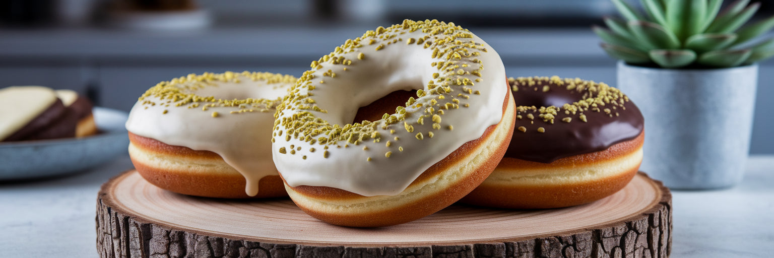 Three high-protein vegan donuts on a wooden board.