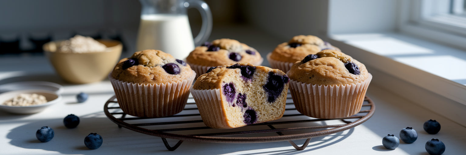 Moist vegan blueberry protein muffins cooling.