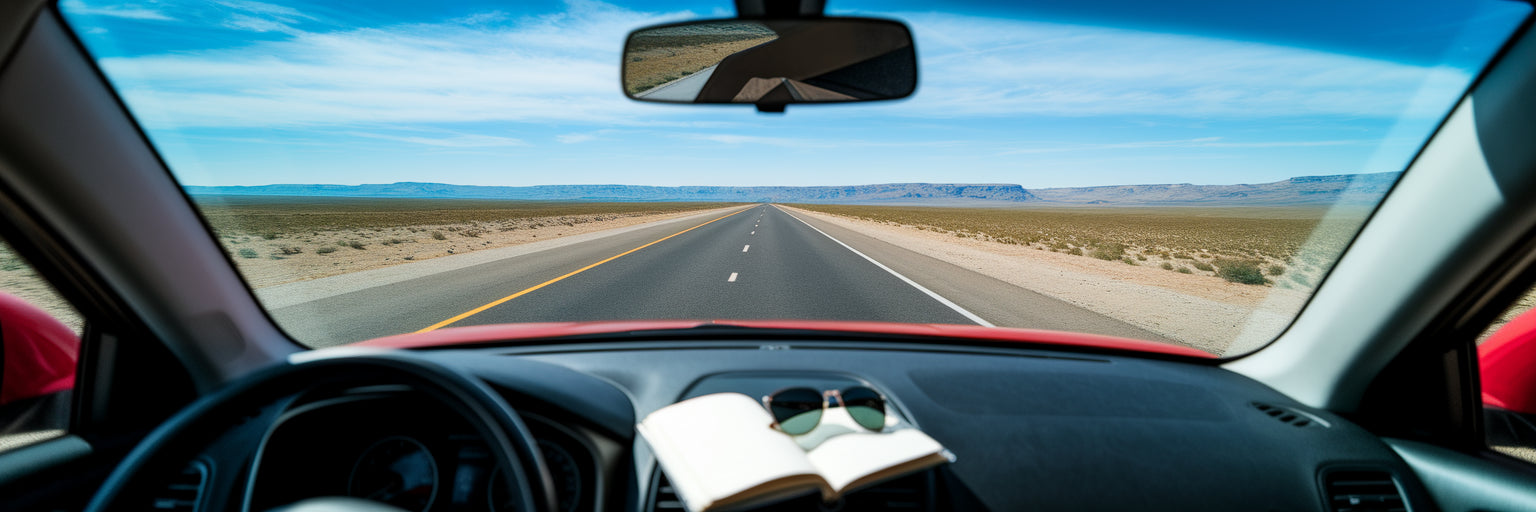 View of open road from car