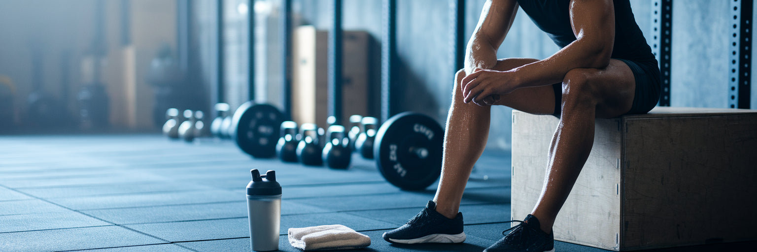 CrossFit athlete resting with protein shaker.