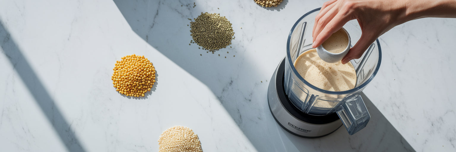 Scooping vegan protein powder into a blender.