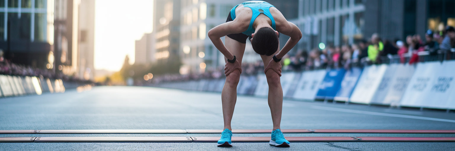 Marathon runner catching breath at finish line.